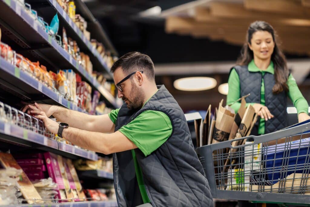 A,Supermarket,Worker,Is,Displaying,And,Putting,Products,On,Shelves