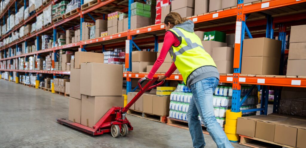 Worker,Pushing,Trolley,With,Boxes,In,Warehouse